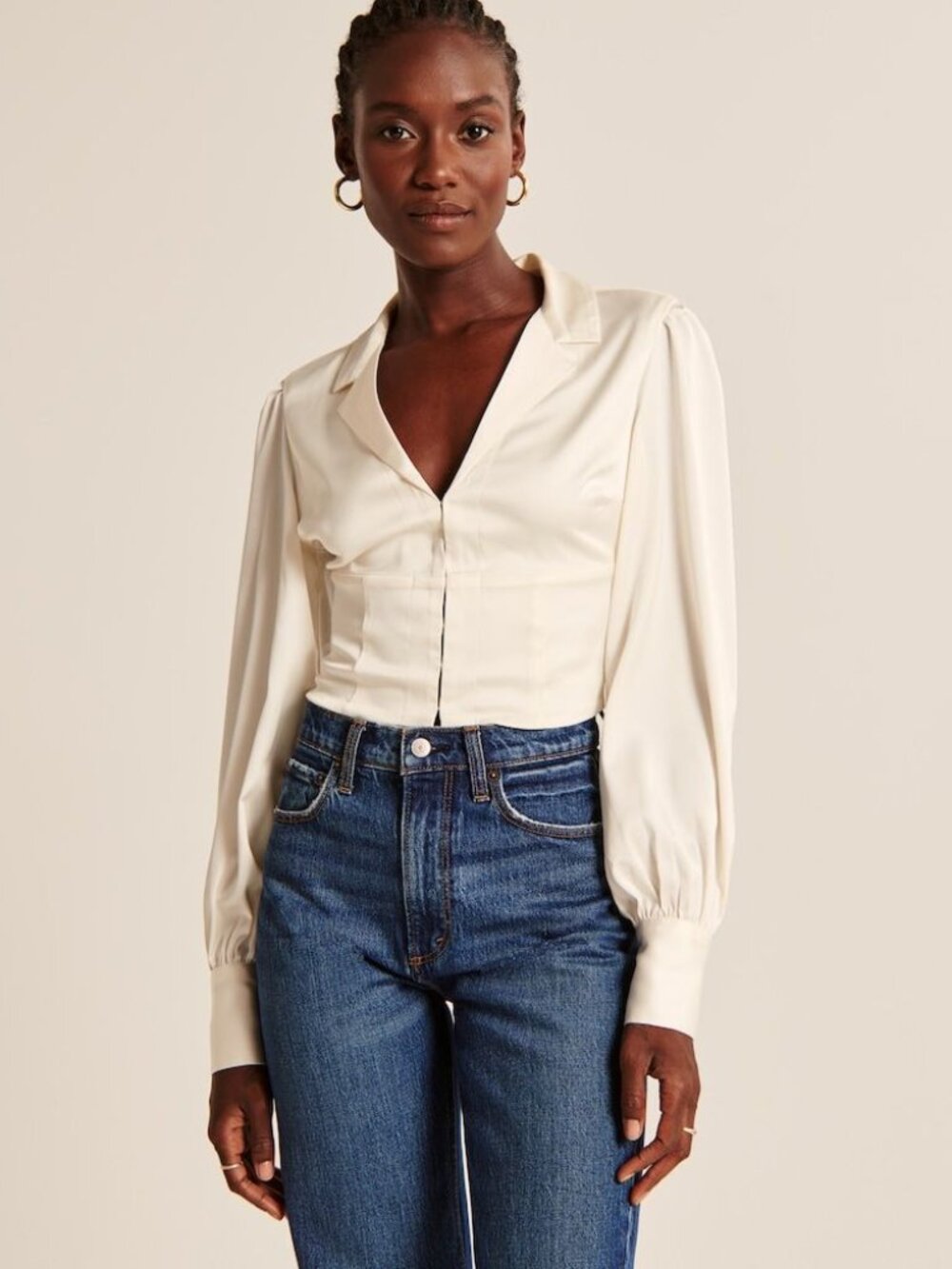 Abercrombie & Fitch White Satin Hook & Eye Cropped Shirt L